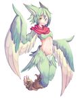  4139 animal_ears breasts feathered_wings feathers green_hair green_wings harpy highres midriff monster_girl navel original pointy_ears scarf small_breasts smile solo tail_feathers talons wings yellow_eyes 