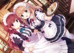  2girls :d apron blue_eyes brown_hair commentary_request curtsey dress dutch_angle food hair_ornament holding holding_tray indoors juliet_sleeves kimishima_ao long_dress long_hair long_sleeves looking_at_viewer maid maid_apron maid_headdress multiple_girls neck_ribbon open_mouth original puffy_sleeves purple_eyes red_hair ribbon sandwich short_sleeves smile thighhighs tray white_legwear 