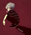  1boy bubble_blowing chewing_gum full_body grey_hair inazuma_eleven_(series) inazuma_eleven_ares_no_tenbin looking_at_viewer male_focus niko_(107) red_eyes shirt shoes solo squatting striped striped_shirt wavy_hair 