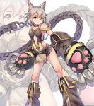  animal_ears bangs bare_shoulders blush breasts cat_ears cat_paws claw_(weapon) closed_mouth collar collarbone erune eyebrows gloves granblue_fantasy grey_hair grey_skirt hair_between_eyes highres long_hair medium_breasts microskirt minowa_sukyaru navel_cutout paw_gloves paws red_eyes sen_(granblue_fantasy) skirt solo weapon 