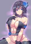  arm_garter black_gloves black_hair black_legwear blue_eyes blue_flower blue_rose blush breasts cleavage floral_print flower fumika_bug gloves hair_flower hair_ornament hairband idolmaster idolmaster_cinderella_girls idolmaster_cinderella_girls_starlight_stage jewelry kokechan large_breasts long_hair navel necklace open_mouth print_gloves rose sagisawa_fumika simple_background solo thighhighs 