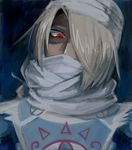  androgynous blonde_hair covering_mouth dark_skin goma_tonbi hair_over_one_eye long_hair pointy_ears red_eyes reverse_trap sheik solo the_legend_of_zelda the_legend_of_zelda:_ocarina_of_time 