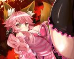  animal_ears autumn autumn_leaves blush bra breasts cleavage denden_taiko fate/extra fate_(series) fox_ears fox_tail large_breasts open_clothes open_shirt pink_bra pink_hair shirt solo tail tamamo_(fate)_(all) tamamo_no_mae_(fate) thighs underwear yellow_eyes 