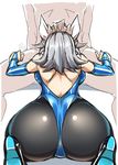  1girl alternate_costume ass ass_focus back backless_outfit black_legwear blue_footwear blue_leotard bridal_gauntlets close-up clothed_female_nude_male fellatio foreshortening from_behind gloves grey_hair hand_on_another's_thigh head_out_of_frame hetero high_heels highres implied_fellatio izayoi_sakuya kneeling latex latex_gloves leaning_forward leotard maid_headdress nude oral out_of_frame pantyhose perspective shiny shiny_clothes shiny_hair shiny_skin shoes short_hair sitting sketch solo_focus spread_legs tajima_yuuki thong_leotard touhou 