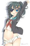  adapted_costume ahoge alternate_hairstyle arm_up ass ass_visible_through_thighs blue_eyes blush collarbone cowboy_shot eyepatch green_hair groin hair_ornament hairclip headgear kantai_collection kiso_(kantai_collection) ko_yu long_hair long_sleeves looking_at_viewer micro_shorts midriff navel neckerchief no_hat no_headwear open_mouth panties ponytail sailor_collar school_uniform serafuku shorts simple_background smile solo stretch sweater thigh_gap thighs twitter_username underwear white_background 