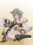  :3 animal animal_ears bare_shoulders black_cat breasts cat cat_ears cat_paws cat_teaser claw_(weapon) cleavage closed_mouth collar dress ears_down erune gloves granblue_fantasy grey_hair highres long_hair looking_down medium_breasts n9+ off_shoulder orange_eyes paw_gloves paws sen_(granblue_fantasy) sitting solo strap_slip wariza weapon 