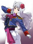  ass eyebrows eyebrows_visible_through_hair flower gloves hair_flower hair_ornament hairband highres idolmaster idolmaster_(classic) long_hair looking_at_viewer purple_eyes red_flower shijou_takane silver_hair solo tokiani white_gloves white_hairband 