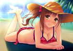  ass bad_id bad_pixiv_id bangs bare_arms bare_legs barefoot beach bikini blush bow breasts brown_eyes brown_hair cleavage closed_mouth collarbone day eyebrows eyebrows_visible_through_hair frilled_bikini frills full_body hair_bow hat hat_ribbon idolmaster idolmaster_cinderella_girls igarashi_kyouko legs_up lens_flare long_hair looking_at_viewer lying medium_breasts on_stomach outdoors pink_bikini pink_bow pink_ribbon plant ribbon shade side-tie_bikini side_ponytail sky smile solo straw_hat striped striped_ribbon summer sun_hat swimsuit tree_shade umihotaru_harumare 