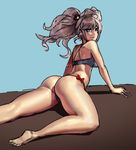  arm_support ass barefoot bear_hair_ornament bikini blue_background blue_eyes commentary danganronpa danganronpa_1 enoshima_junko eu03 hair_ornament long_hair looking_back pink_hair sketch soles solo spoilers swimsuit thighs twintails 