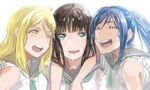  3girls arm_around_shoulders artist_request black_hair blonde_hair blue_hair closed_eyes dripping green_eyes highres hime_cut kurosawa_dia laughing long_hair love_live! love_live!_sunshine!! matsuura_kanan mole mole_under_mouth multiple_girls ohara_mari one_eye_closed open_mouth ponytail school_uniform serafuku smile wet yellow_eyes 