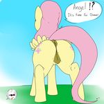  2016 angel_(mlp) animal_genitalia animal_pussy anus blush butt carrot cutie_mark english_text equine equine_pussy eyewear female first_person_view fluttershy_(mlp) food friendship_is_magic fur hair lagomorph male mammal mr.smile my_little_pony pegasus pink_hair pussy rabbit rear_view simple_background speech_bubble sunglasses text vegetable white_fur wings yellow_fur 