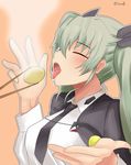  anchovy black_neckwear black_ribbon capelet chopsticks commentary_request dateya_torahachi girls_und_panzer green_hair hair_ribbon highres long_hair necktie open_mouth orange_background ribbon simple_background solo steam tongue tongue_out twitter_username upper_body 