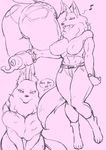  2016 4_toes 7fukuinu anthro big_breasts big_butt breast_squish breasts butt canine clothed clothing english_text female fur huge_breasts kemono looking_at_viewer mammal midriff purple_background shirt simple_background sketch solo standing text thick_thighs toes voluptuous wide_hips 
