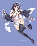  :o armpits black_hair black_legwear blue_eyes blush breasts choker cleavage commentary_request dual_wielding flipped_hair full_body groin hair_ornament holding holding_weapon iroha_(samurai_spirits) japanese_clothes large_breasts long_sleeves looking_at_viewer maid maid_headdress no_panties samurai_spirits sandals short_hair solo thighhighs twitter_username weapon wide_sleeves wristband yukimura_tsubame 