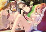  aquila_(kantai_collection) bangs bare_legs bare_shoulders barefoot black_panties blush book bra breasts brown_eyes brown_hair casual cleavage cushion eating food fork glasses gloves hat indoors italian_flag kantai_collection large_breasts libeccio_(kantai_collection) littorio_(kantai_collection) long_hair multiple_girls navel no_bra noodles open_clothes open_mouth open_shirt oven_mitts panties pasta ponytail reading red_bra red_hair roma_(kantai_collection) satou_daiji shiny shiny_skin shirt short_hair smile spaghetti tank_top thighs twintails underwear watch wristwatch 
