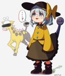  :3 blush_stickers boots bow chromatic_aberration eyeball full_body gen_2_pokemon girafarig grey_eyes grey_hair hat hat_bow hat_ribbon heart komeiji_koishi long_sleeves namataro pokemon pokemon_(creature) ribbon short_hair skirt sleeves_past_wrists solo speech_bubble third_eye touhou v-shaped_eyebrows wide_sleeves 