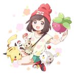  :d bag bangs beanie black_hair blue_eyes blush bounsweet collarbone full_body gen_1_pokemon gen_7_pokemon hat holding holding_poke_ball mimikyu mizuki_(pokemon) namori open_mouth pikachu poke_ball pokemon pokemon_(creature) pokemon_(game) pokemon_sm red_hat shirt shoes short_hair short_shorts shorts smile sneakers swept_bangs t-shirt togedemaru watch wide_sleeves 