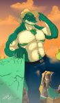  2016 4_toes 5_fingers abs biceps bulge cigarette clothing cocaine crocodile crocodilian drugs fangs green_hair hair jabuhusky macro male muscular muscular_male pants pecs purple_eyes reptile scalie sky smoke smoking teeth toes 