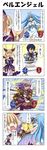  &gt;_&lt; 2girls 4koma animal bellringer_angel blonde_hair blue_eyes blue_hair brown_hair check_translation closed_eyes comic dagger dress dual_wielding gameplay_mechanics halo henshin highres holding holding_animal holding_staff long_hair luna_(shadowverse) multiple_girls open_mouth partially_translated quickblader_(shadowverse) rappa_(rappaya) shadowverse short_hair sleeveless smile staff strapless strapless_dress sword transformation translation_request weapon 