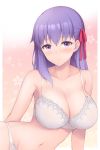  1girl bangs bare_shoulders bra breasts chacharan cherry_blossom_print cleavage collarbone eyebrows_visible_through_hair fate/stay_night fate_(series) groin hair_ribbon highres lace lace-trimmed_bra large_breasts lips long_hair looking_at_viewer matou_sakura navel nipples panties purple_eyes purple_hair ribbon see-through shiny shiny_hair side_ribbon smile solo underwear underwear_only white_bra white_panties 