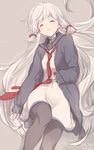  2016 artist_name bangs blunt_bangs blush cardigan closed_eyes commentary_request dated deco_(geigeki_honey) dress hair_ribbon hand_on_own_stomach kantai_collection long_hair murakumo_(kantai_collection) necktie pantyhose ribbon sailor_dress shiny shiny_hair silver_hair simple_background sleeping sleeves_past_wrists solo tress_ribbon very_long_hair 