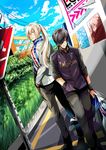  aku-usagi artist_name black_hair blonde_hair blue_sky chain-link_fence cloud day dutch_angle fence hair_over_one_eye hand_in_pocket jacket kuga_kyosuke male_focus multiple_boys outdoors ponytail power_lines prince_of_stride red_eyes road_sign sign sky standing tomoe_yagami track_jacket watermark web_address 