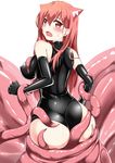  animal_ears ass bare_shoulders cat_ears catstudioinc_(punepuni) elbow_gloves fang gloves highres latex leotard long_hair looking_at_viewer looking_back open_mouth original puni_(miku_plus) red_eyes red_hair restrained solo tentacles 