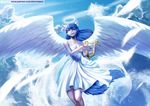  2016 alanscampos angel anthro blue_eyes blue_hair cat clothed clothing day detailed_background feathered_wings feathers feline female fur hair invalid_tag jewelry looking_at_viewer mammal necklace outside sky solo spread_wings white_feathers white_fur wings 