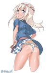  :d ass back bangs blue_eyes blush cowboy_shot cropped_legs ebifurya eyebrows eyebrows_visible_through_hair fang flat_ass from_behind fundoshi hachimaki happi headband highres japanese_clothes kantai_collection long_hair looking_at_viewer looking_back nejiri_hachimaki no_pants open_mouth ro-500_(kantai_collection) sash short_sleeves simple_background smile solo tan tanline twitter_username white_background white_hair 