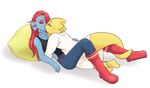  2016 alphys anthro barefoot boots clothing duo eyes_closed eyewear female fish footwear glasses hair kissing lizard long_hair lying marine on_back pillow ponytail red_hair reptile scalie soles undertale undyne video_games 薏仁／ハトムギ 