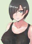  1girl absurdres bare_shoulders black_eyes black_hair blush breasts closed_mouth collarbone erect_nipples fang_out hair_over_one_eye hataraku_saibou highres large_breasts lips looking_at_viewer nk_cell_(hataraku_saibou) shirt short_hair simple_background solo tank_top upper_body wet wet_clothes wet_hair wet_shirt white_background ying_jing_meng 