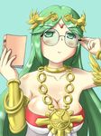  armlet bangs bespectacled blush book breasts choker cleavage drawing dress fingernails frilled_legwear glasses goddess green_eyes green_hair holding holding_book holding_eyewear jewelry kid_icarus kid_icarus_uprising large_breasts long_hair namaixy necklace nintendo palutena parted_bangs pendant round_eyewear smile solo strapless strapless_dress swept_bangs tiara upper_body vambraces very_long_hair 