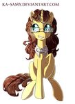  brown_hair clothing equine eyelashes fan_character female feral hair hooves horn ka-samy mammal my_little_pony simple_background sitting smile solo unicorn white_background yellow_eyes 