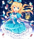  alice_(wonderland) alice_in_wonderland bad_id bad_pixiv_id blonde_hair blue_dress blue_eyes breasts card cleavage crown dress frilled_dress frills gears gloves hair_ribbon impossible_clothes light_trail long_hair looking_at_viewer natsume3304 neck_ribbon open_mouth original playing_card pocket_watch puffy_short_sleeves puffy_sleeves ribbon scepter short_sleeves skirt_hold small_breasts solo sparkle star_(sky) watch white_gloves wind 