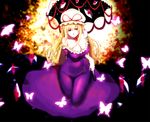  abstract_background arm_behind_back blhe blonde_hair blurry bow breasts bug butterfly choker cleavage covered_nipples dress elbow_gloves gap gloves glowing_butterfly hair_bow hat hat_ribbon hips impossible_clothes impossible_dress insect large_breasts light_trail long_hair looking_at_viewer mob_cap off-shoulder_dress off_shoulder purple_dress purple_eyes red_eyes ribbon ribbon_choker ribbon_trim short_sleeves sitting smile solo thighs touhou umbrella very_long_hair yakumo_yukari 