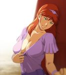  breasts cleavage female green_eyes hilmuka kikou-kai_galient kuroiani large_breasts long_hair red_hair shirt_pull solo 