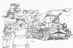  asari_yoshitoo braid castle_of_cagliostro commentary cosplay fedora fukuda_(girls_und_panzer) girls_und_panzer glasses greyscale ground_vehicle hat helmet holster long_hair lupin_iii military military_vehicle monochrome motor_vehicle multiple_girls necktie nishi_kinuyo parody pointing police police_uniform policewoman pushing sketch sweatdrop tank trench_coat type_95_ha-gou type_97_chi-ha uniform zenigata_kouichi zenigata_kouichi_(cosplay) 