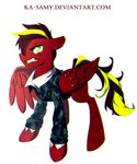  clothed clothing equine fan_character feathered_wings feathers feral fur hair hooves ka-samy male mammal my_little_pony pegasus red_feathers red_fur red_hair simple_background solo standing white_background wings yellow_eyes 