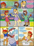  age_regression anthro blonde_hair canine child clothed clothing comic detailed_background dialogue diaper digital_media_(artwork) duo english_text eyes_closed eyewear female fox fur glasses group hair jeans kammypup kammypup_(artist) male mammal pants red_hair simple_background sitting smile speech_bubble teeth text time_lapse young 