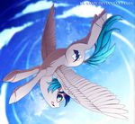  blue_eyes blue_hair cutie_mark day equine eyelashes fan_character feathered_wings feathers female feral flying fur grey_feathers grey_fur grey_hooves hair hooves ka-samy looking_at_viewer mammal my_little_pony nude pegasus sky smile solo spread_wings wings 