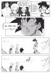  1girl 3boys :d ^_^ annoyed broly_(dragon_ball_super) cheelai close-up closed_eyes comic commentary dragon_ball dragon_ball_super_broly english_commentary english_text eyes_closed face frown greyscale hand_up hat highres lemo_(dragon_ball) mellon_snow monochrome multiple_boys nervous open_mouth scar scouter shirtless smile son_gokuu speech_bubble sweatdrop waving 