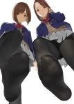  2girls bangs beige_sweater black_legwear blazer blue_jacket blush brown_eyes brown_hair buttons crotch_seam feet forehead grey_skirt hand_in_hair highres jacket legs long_hair looking_at_viewer multiple_girls no_shoes open_mouth original pantyhose parted_bangs pleated_skirt pov_feet red_neckwear school_uniform short_hair simple_background skirt soles swept_bangs thighband_pantyhose thighs upskirt white_background yomu_(sgt_epper) 