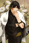  alternate_hairstyle black_hair brown_background brown_eyes crossed_arms earrings facial_hair flower hand_on_own_chin japanese_clothes jewelry kimono lips mad369 male_focus multicolored_hair nagasone_kotetsu patterned_background sayagata sheath sheathed shinsengumi smile solo sword touken_ranbu two-tone_hair weapon 