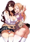  2girls ;d ass bangs blonde_hair blue_eyes blush breasts brown_eyes brown_hair butt_crack cleavage collarbone cowboy_shot crop_top excessive_pubic_hair eyebrows_visible_through_hair fanbox_reward fang gluteal_fold hair_between_eyes hair_ornament hair_tie hairclip highres iku_(ikuchan_kaoru) large_breasts long_hair looking_at_viewer miniskirt multiple_girls no_bra one_eye_closed open_mouth original paid_reward panties pantyshot pantyshot_(standing) parted_lips pleated_skirt pubic_hair shirt skirt small_breasts smile standing string_panties thick_thighs thigh_gap thighhighs thighs thong thong_panties twintails underwear upskirt v white_legwear white_panties wind wind_lift 