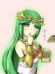  armlet bangs blush body_blush box breasts choker cleavage collarbone dress eating forehead_jewel from_side goddess green_eyes green_hair holding jewelry kid_icarus kid_icarus_uprising large_breasts long_hair namaixy necklace nintendo palutena parted_bangs pendant setsubun solo soybean strapless strapless_dress swept_bangs tiara upper_body vambraces very_long_hair 