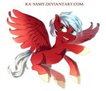  amber_eyes equine fan_character feathered_wings feathers feral fur hair hooves ka-samy male mammal my_little_pony open_mouth pegasus red_feathers red_fur simple_background solo teeth white_background white_hair white_hooves wings 