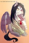  black_hair clothed clothing equine fan_character feathered_wings feathers feral fur hair heterochromia hooves ka-samy male mammal my_little_pony pegasus red_eyes simple_background sitting solo white_background white_feathers white_fur white_hooves wings yellow_eyes 
