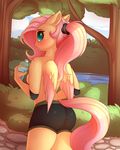  2016 absurd_res anthro anthrofied blush bottle breasts butt clothed clothing day detailed_background edit equine evehly feathered_wings feathers female fluttershy_(mlp) friendship_is_magic hair hi_res holding_object long_hair mammal my_little_pony nipples outside pegasus pink_feathers pink_hair ponytail side_boob solo topless tree water wings 