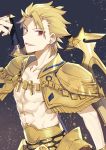  1boy abs archer_(fate/prototype) armor bare_chest blonde_hair collarbone earrings eyebrows_visible_through_hair fate/prototype fate_(series) fringe_trim gold_armor highres jewelry looking_at_viewer male_focus necklace nikame open_clothes open_mouth red_eyes smile solo spiked_hair sword weapon 