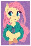  blue_eyes clothing equine eyelashes female feral fluttershy_(mlp) friendship_is_magic green_eyes hair hoodie hooves ka-samy mammal my_little_pony pattern_background pink_hair simple_background solo 
